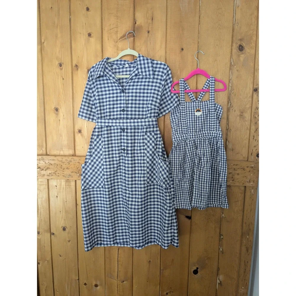 Vintage Handmade Mommy and Me Gingham Dress Set Navy Blue Cottagecore Matching